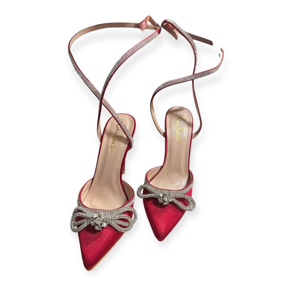 Lulus‎ Lullie Red Satin Heels Rhinestone Ankle Strap Pointed-Toe Pumps Size 6.5